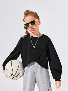 SHEIN 女大童素色圍裹下擺運動衫 - 黑色 - 查看 3