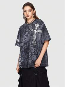 ROMWE Grunge Punk Hình ảnh Skull & chữ cái Áo thun Thả vai - Nhiều màu - Xem 4