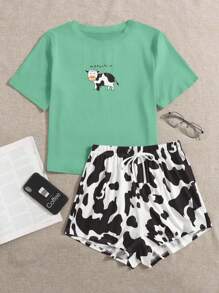 Cow Print Tee & Shorts PJ Set - Multicolor - View 1