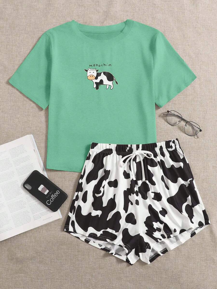 Cow Print Tee & Shorts PJ Set - Multicolor - View 1
