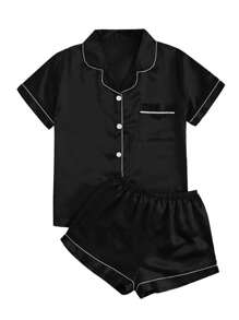 Conjunto de pijama ribete en contraste de satén - Negro - Ver 4