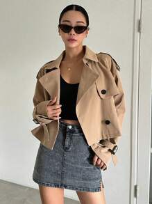 DAZY Women's Casual Short Trench Coat, Spring/Autumn Jacket - Khaki - View 2