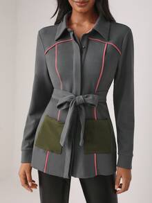 Lillian Butterworth Contrast Piping Pocket Patched Belted Coat