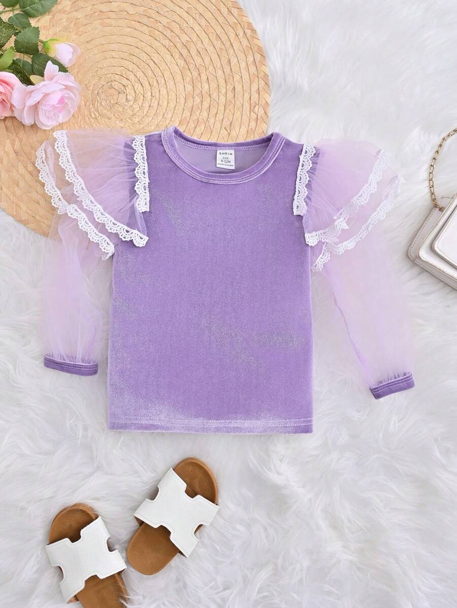 SHEIN Baby Girl Contrast Mesh Ruffle Trim Tee