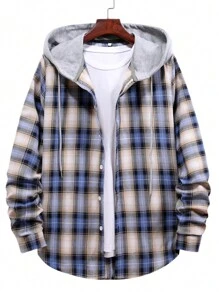 Manfinity Hypemode Men Plaid Drawstring Hooded Shirt Without Tee - Baby Blue - View 1