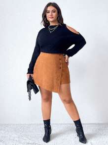 Celure Plus Chi Tiết Nút Thắt Lưng Cao Váy Nhung Nhung - Màu Khaki - Xem 3