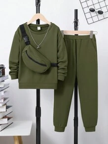 SHEIN 3 件套青少年男孩休闲圆领运动衫 + 基本款长裤 + 拉链斜挎包，羊毛，加厚 - 墨綠色 - 查看 1