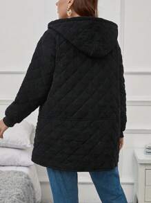 SHEIN LUNE Plus Dual Pocket Drawstring Hooded Quilted Coat In Fall/Winter - Black - View 2