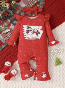 女嬰聖誕圖案荷葉邊喇叭袖連身褲和頭巾 - 彩色 - 查看 1