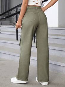 SHEIN Essnce Flap Pocket Buckle Detail Jeans - Army Green - View 2