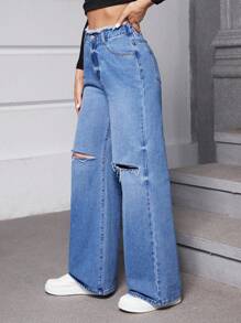 SHEIN Essnce Rách Xén Thô quần ống rộng Quần jean - Rửa nhẹ - Xem 6