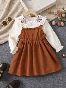 SHEIN 女小童花卉刺繡誇大領口喇叭袖襯衫和褶邊洋裝 - 棕色 - 查看 1