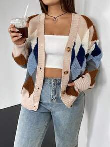 SHEIN EZwear 大碼菱形印花落肩袖開襟衫 - 彩色 - 查看 3