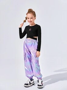 SHEIN Tween Girl Star Print Crop Tee & Holographic Pants - Black - View 3