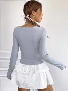 SHEIN EZwear Nút thắt cổ áo phía trước - Xám - Xem 5