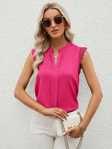 SHEIN Clasi Guipure Lace Panel Notched Neckline Blouse - Red Violet - View 5