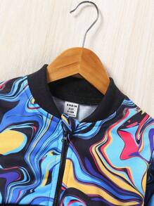 Baby Girl Marble Print Zip Up Bomber Jacket - Blue - View 4