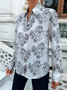 RueChic Floral Print Button Front Shirt - Black and White - View 4