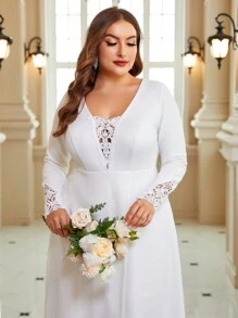 SHEIN Belle Plus Guipure Lace Insert Split Thigh Wedding Dress - White - View 5