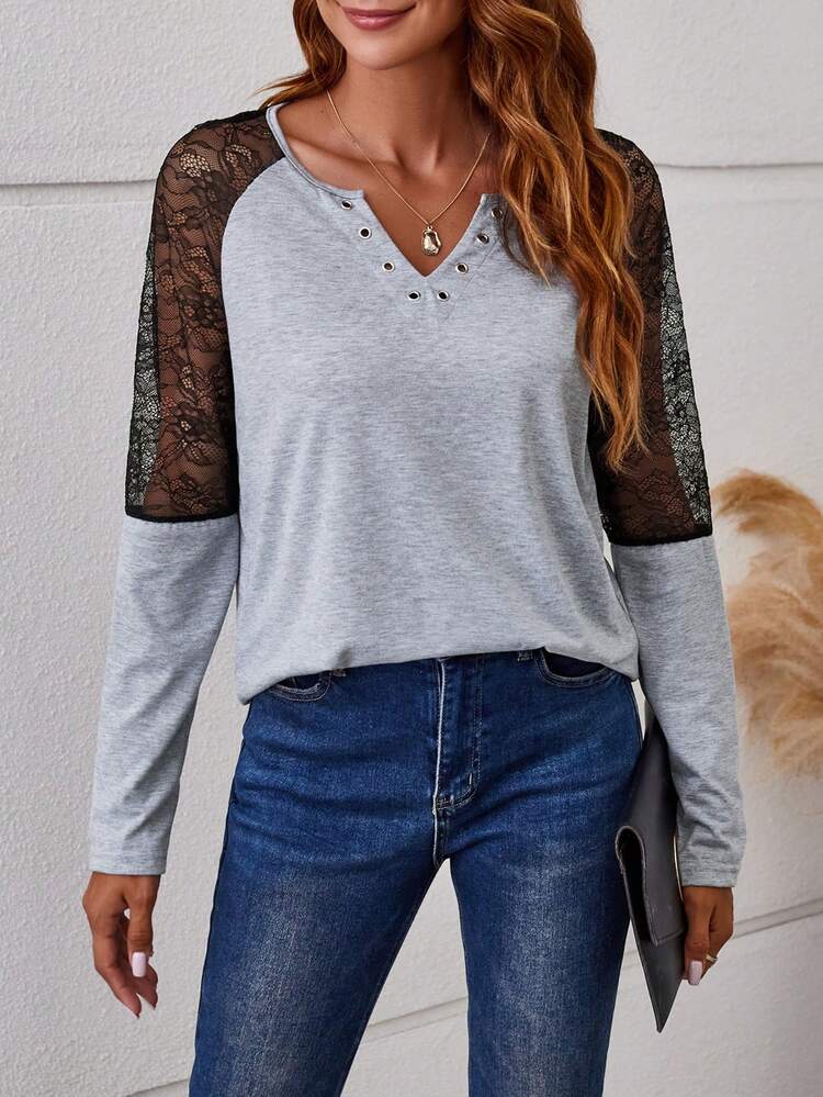 Contrast Lace Raglan Sleeve Tee Fall Cloth For Women