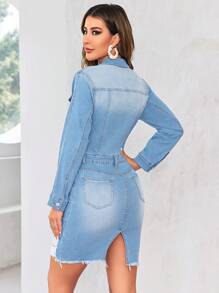 SHEIN Privé Ripped Raw Hem Denim Dress - Light Wash - View 2