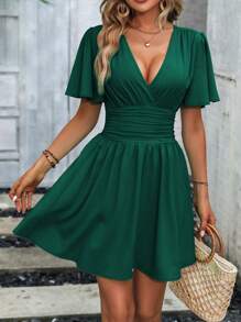 EMERY ROSE Casual Solid Color Waist Cinched Dress - Dark Green - View 4