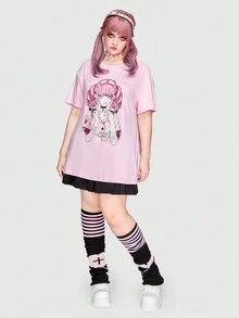 ROMWE Kawaii Talla grande Camiseta de hombros caídos con estampado de figura - Rosa - Ver 3