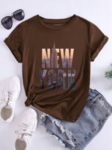 SHEIN Essnce Áo thun đồ họa xây dựng và chữ cái - Cà phê nâu - Xem 1