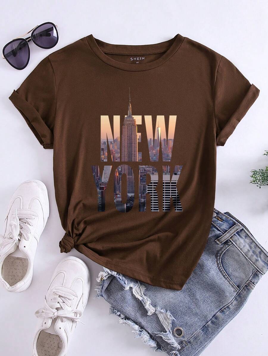 SHEIN Essnce Áo thun đồ họa xây dựng và chữ cái - Cà phê nâu - Xem 1