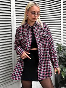 EURMUSE Houndstooth Print Flap Pocket Coat - Pink - View 4