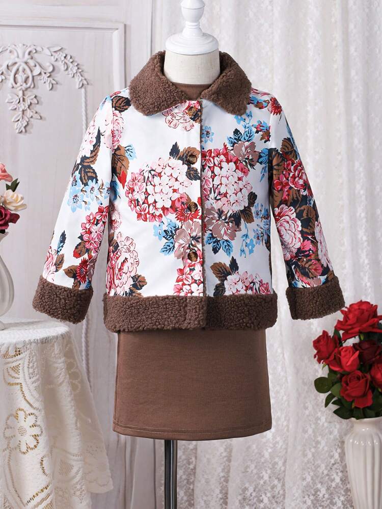 Young Girl Floral Print Teddy Panel Jacket & Skirt