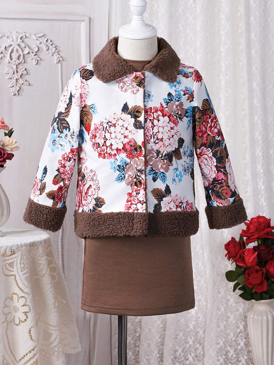 SHEIN Young Girl Floral Print Teddy Panel Jacket & Skirt - Multicolor - View 1