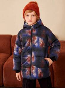 SHEIN Tween Boy 图案印花拉链连帽夹棉大衣 - 黑色 - 查看 6