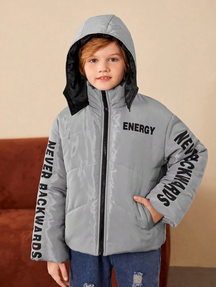 Tween Boys Casual Letter Print Stand Collar Hooded Thick Quilted Winter Parka Coat Jacket