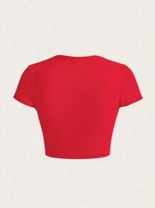 SHEIN ICON 標語圖案短款T恤 - 紅色 - 查看 2