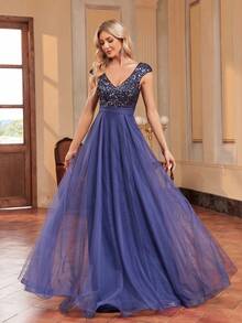 XUIBOL Robe de bal formelle avec tulle à paillettes contrastées, robe de soirée élégante pour femme, pour le bal de promo, le dîner, les cérémonies de remise de diplômes - Bleu marine - Voir 4