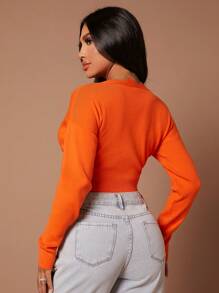 SHEIN SXY Surplice Neck Drop Shoulder Crop Sweater - Orange - View 2