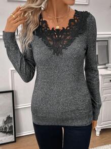 SHEIN Clasi Bảng điều khiển ren Guipure Áo len - màu đen - Xem 4