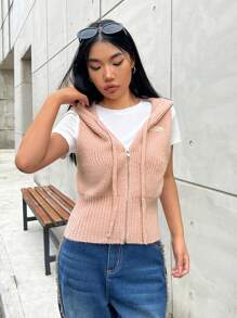 SHEIN EZwear 拉鍊連帽毛衣背心（無T恤） - 藕粉色 - 查看 6