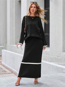 EURMUSE Cable Knit Sweater & Knit Skirt - Black - View 1