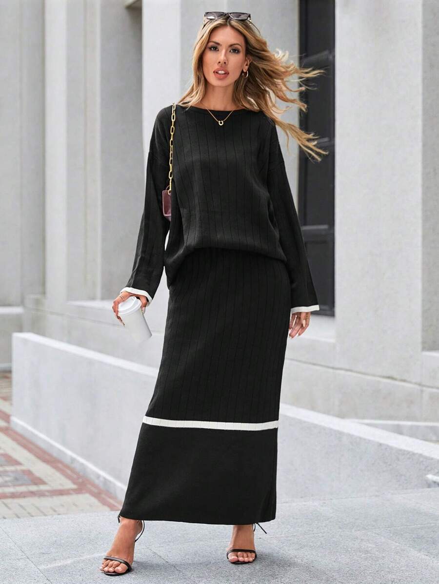 EURMUSE Cable Knit Sweater & Knit Skirt - Black - View 1