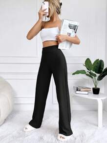 Solid Straight Leg Pants - Black - View 1