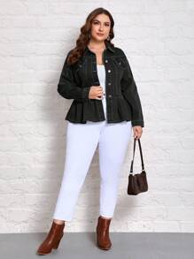 EMERY ROSE 大碼翻蓋細節荷葉邊下擺牛仔夾克 - 黑色 - 查看 4