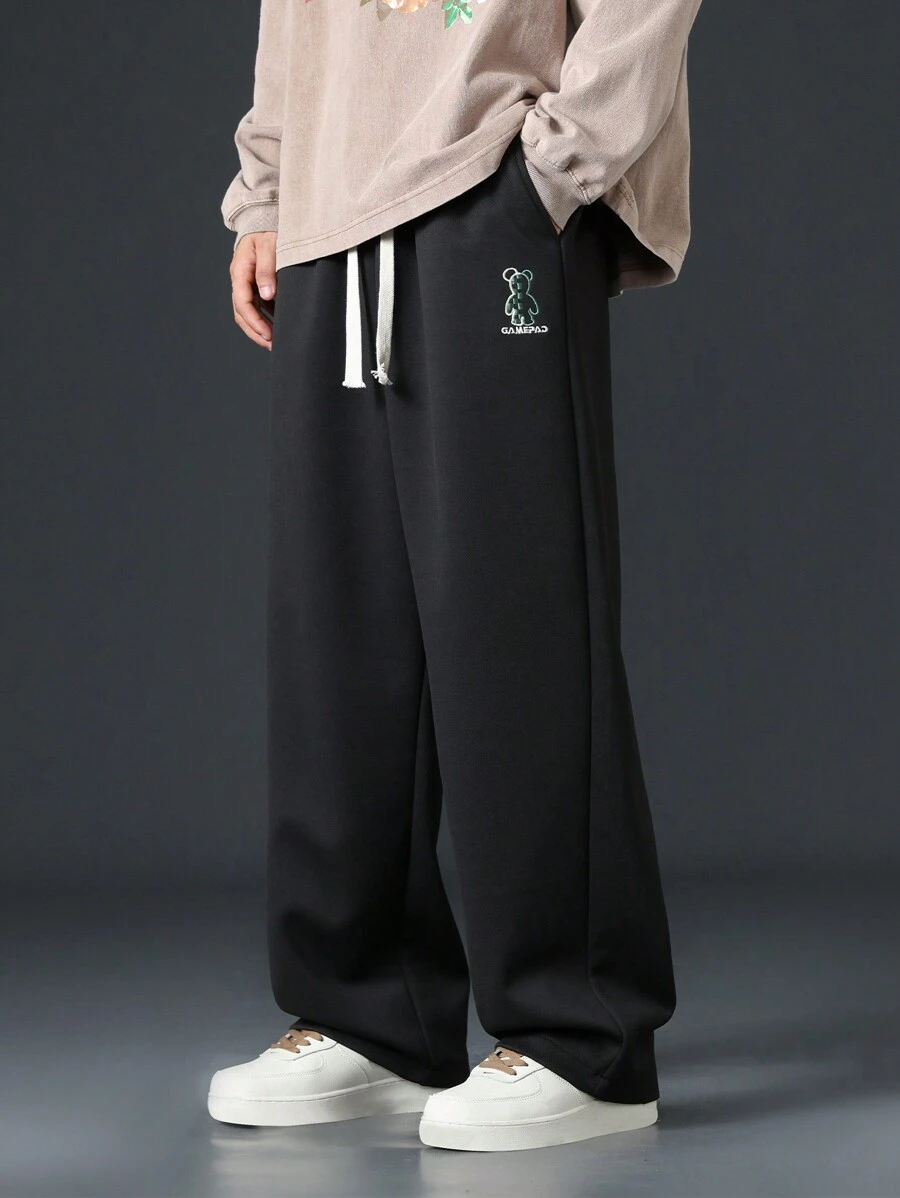 Pantalones rectos de ajuste holgado informal con bordado de oso para hombres - Negro - Ver 1