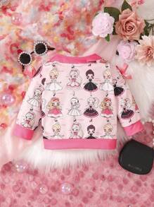 Baby Girl Cartoon Graphic Contrast Binding Jacket - Pink - View 2