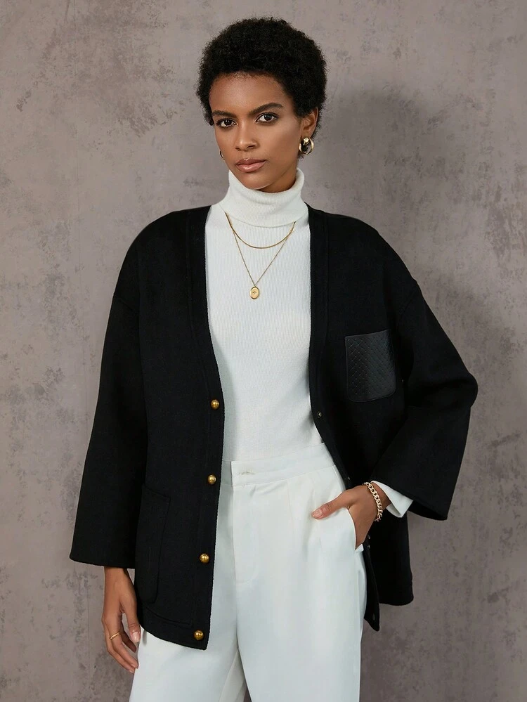 Solid Button Front Dual Pocket Drop Shoulder Overcoat Fall Cloth For Women