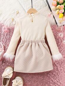 SHEIN Young Girl Fuzzy Cuff Bow Front Tee & Skirt - Apricot - View 2