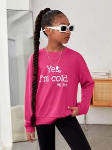 SHEIN Tween Girl Slogan Graphic Drop Shoulder Pullover - Hot Pink - View 3