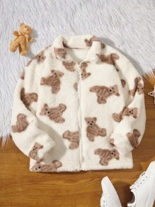 SHEIN 女大童熊圖案拉鏈開襟毛絨夾克 - 米色 - 查看 1