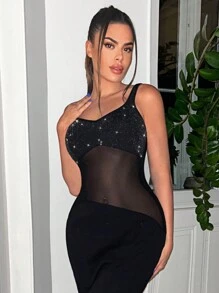 SHEIN SXY Lưới tương phản Váy Cami Bodycon - màu đen - Xem 4